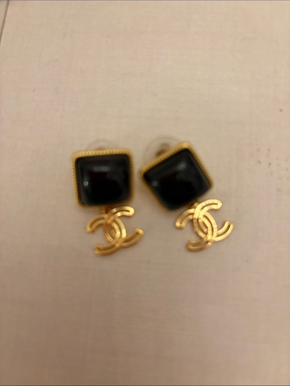 Green and Gold CC Drop Clip-On Earrings